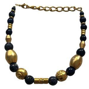 Bracelet Gold and Blue Beads 9" long Adjustable to 7"